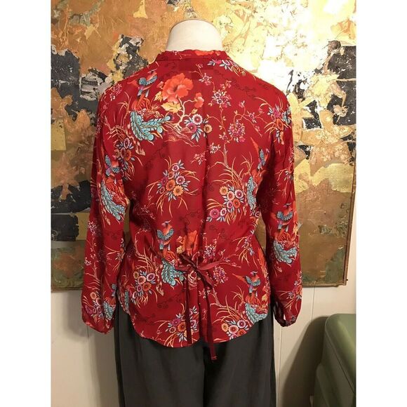 Monterey Bay Clothing Company Red Bird Pattern Viscose Tie Back Blouse 12P - Picture 4 of 7